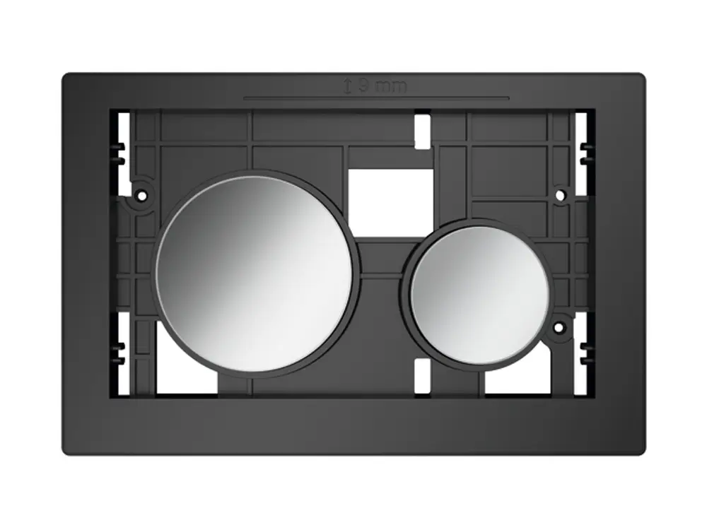 Schwarze Betätigungseinheit von TECE mit zwei runden Tasten in silberner Optik. Die Einheit ist für die WC-Betätigung konzipiert und hat eine strukturierte Rückseite.